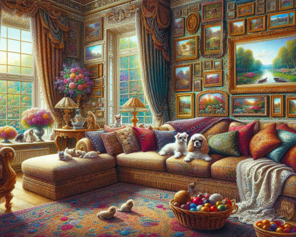 Cozy Opulent Living Room with Vibrant Decor and Pets