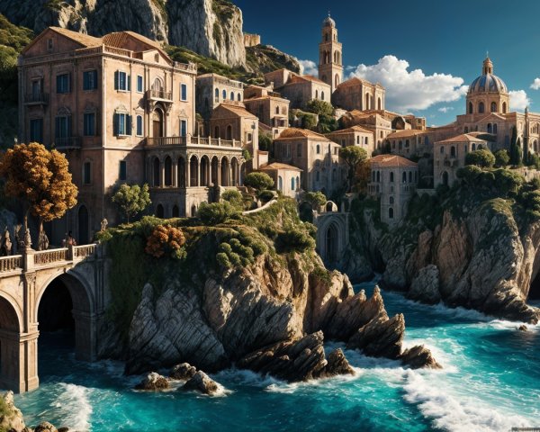 Coastal Village with Ornate Architecture and Cliffs