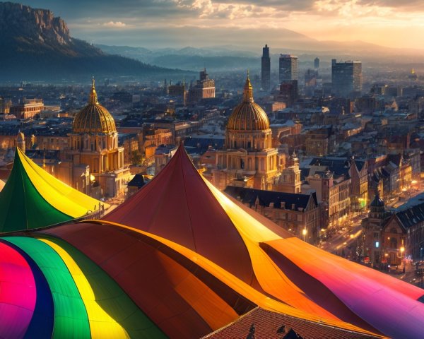 Vibrant Cityscape at Sunset with Skyscrapers and Tents