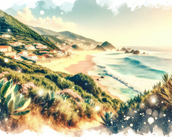 Coastal Landscape with Beach and Lush Green Hills