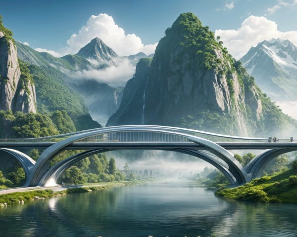 Modern bridge over a calm river with mountains backdrop