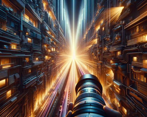 Telephoto Lens View of Cyberpunk Cityscape