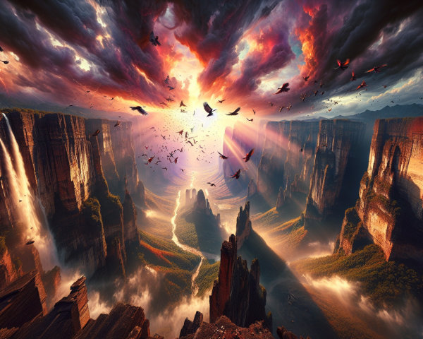 Dramatic Sunset Over Cliffs and Waterfalls Landscape