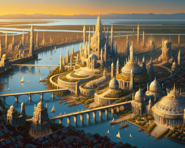 Golden Cityscape with Spires and Waterways