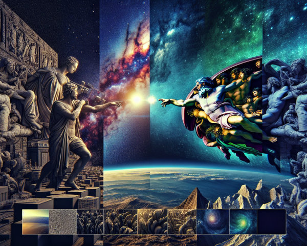 Detailed Circular Image of Greek Sculptures and Cosmos