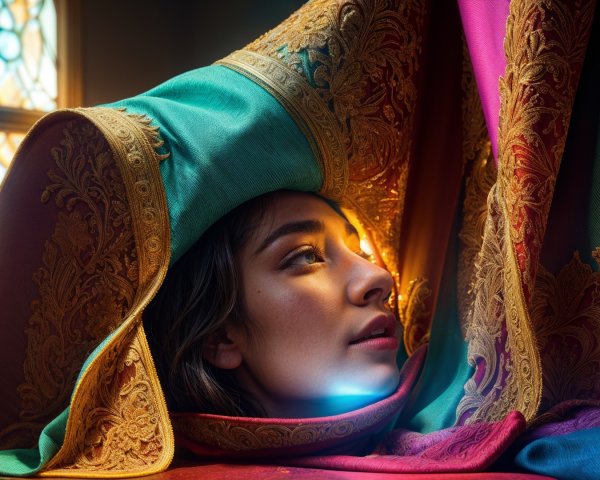 Young woman under vibrant patterned fabric with soft light