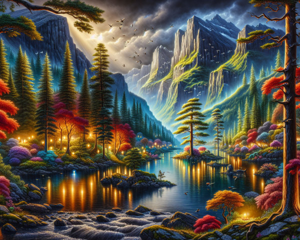 Vibrant Autumn Landscape with Serene Lake and Mountains