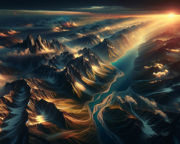 Aerial View of Rugged Mountains at Sunrise