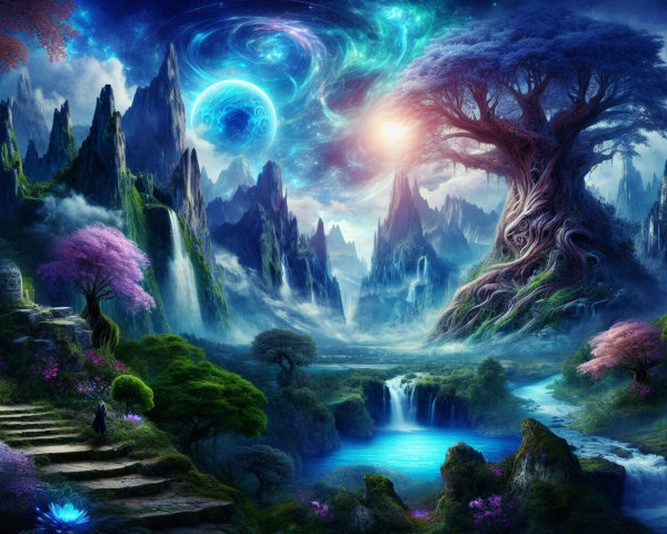 Fantastical Landscape with Mountains and Ancient Tree