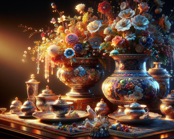 Intricate Porcelain Tableware with Colorful Floral Display
