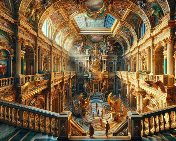 Opulent Baroque Palace Interior with Grand Staircase