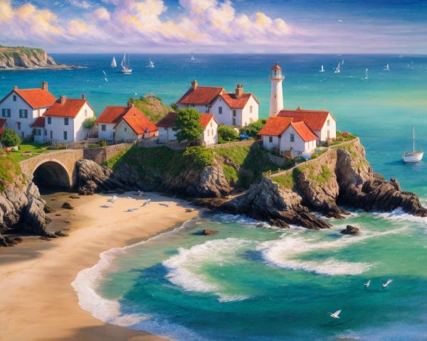 Coastal Village with Lighthouse and Sailboats at Sunset