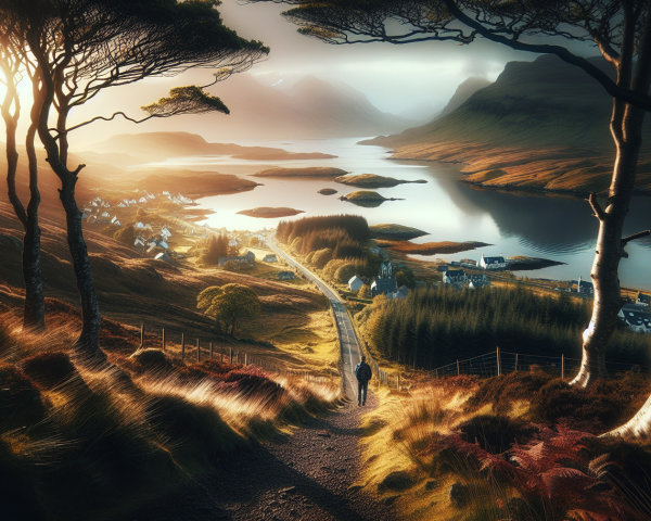 Scenic Landscape with Winding Path and Tranquil Lake