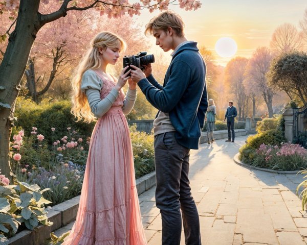 Couple in a Flower Garden with Warm Sunlight