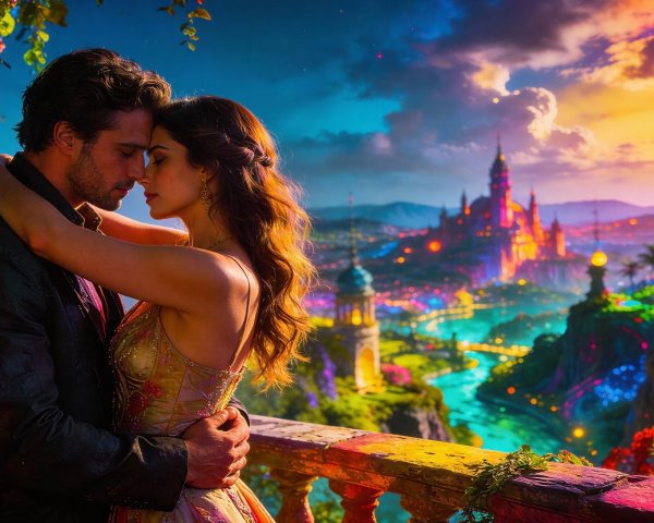 Romantic Embrace on a Balcony at Sunset Over City