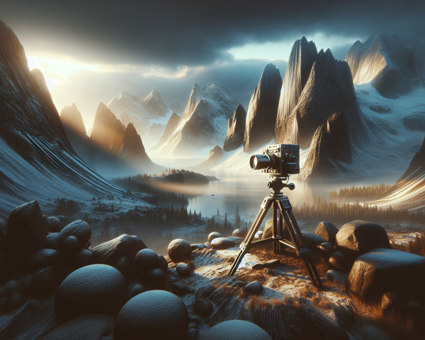 Dramatic Mountain Landscape with Vintage Camera and Lake