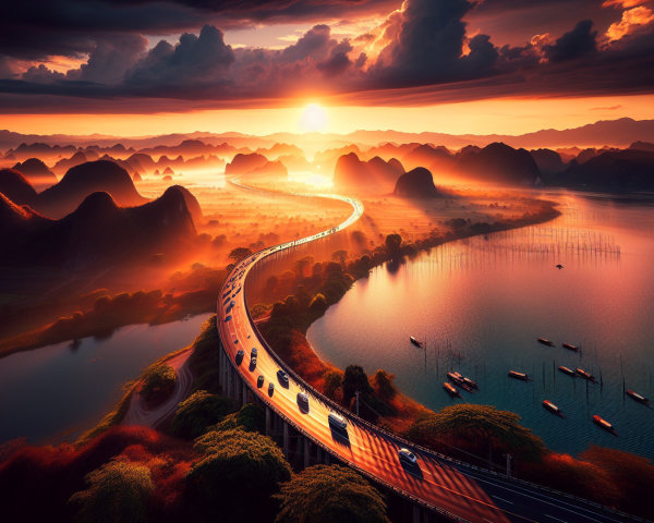 Vibrant Sunset Over Winding Road and Tranquil Water