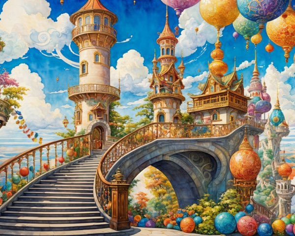 Whimsical Landscape with Colorful Towers and Balloons