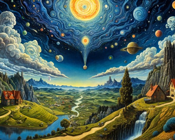 Fantastical Landscape with Cosmic Sky and Waterfalls