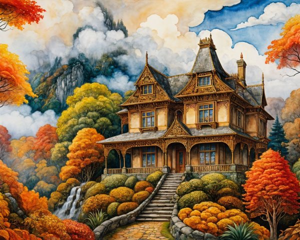 Victorian mansion surrounded by autumn foliage and mountains