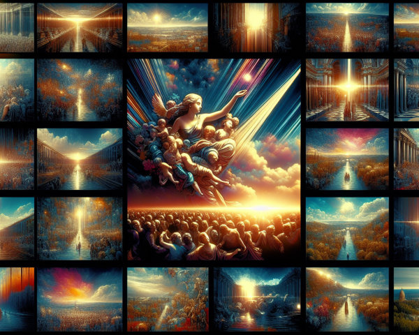Vibrant Montage of Divine Figures and Celestial Landscapes