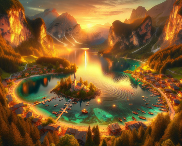 Sunset Over a Lake with Mountains and Village景色