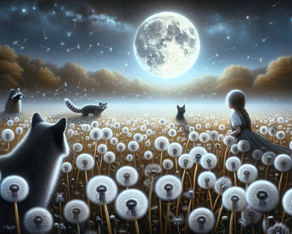 Young girl in dandelion field under full moonlight