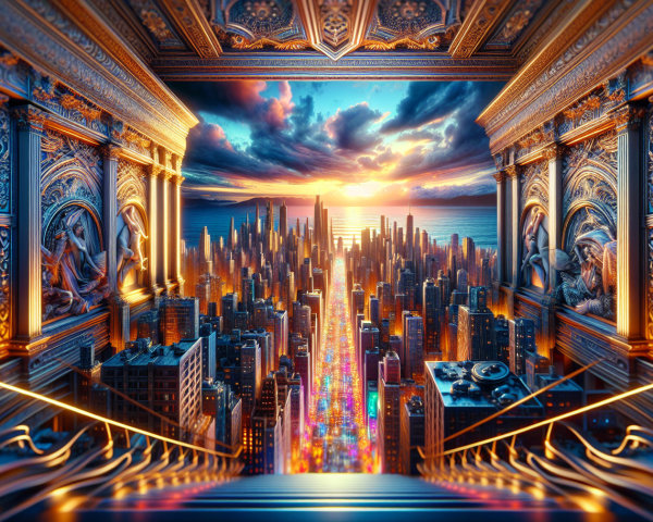 Majestic Staircase with Cityscape at Sunset