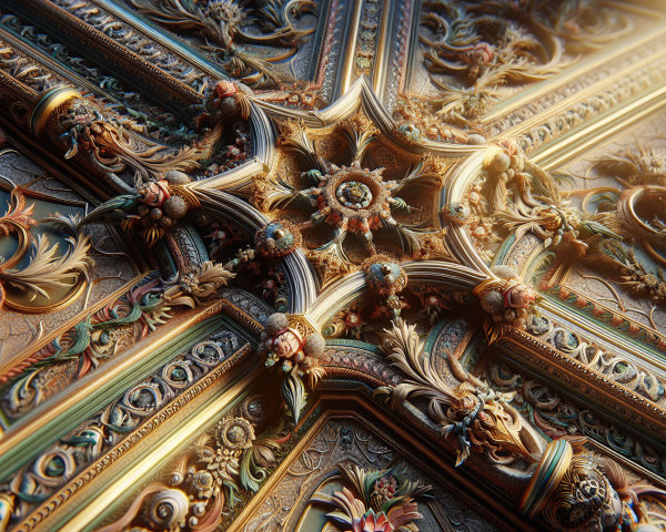 Intricate Ceiling Design with Floral Motifs and Colors