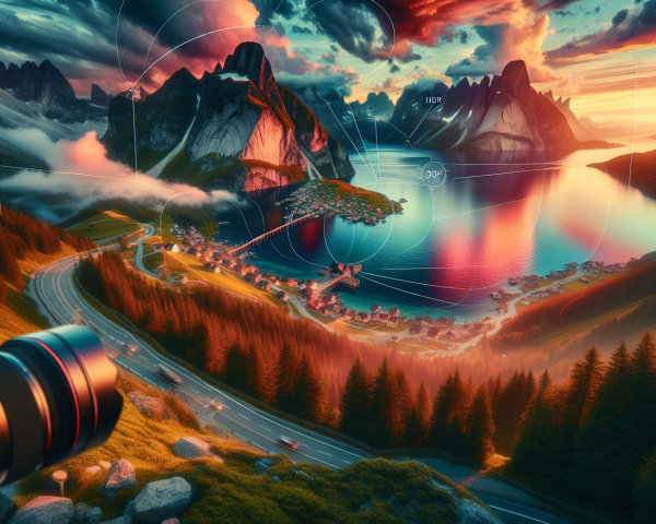 Serene Lake and Mountains at Sunset with Village Road