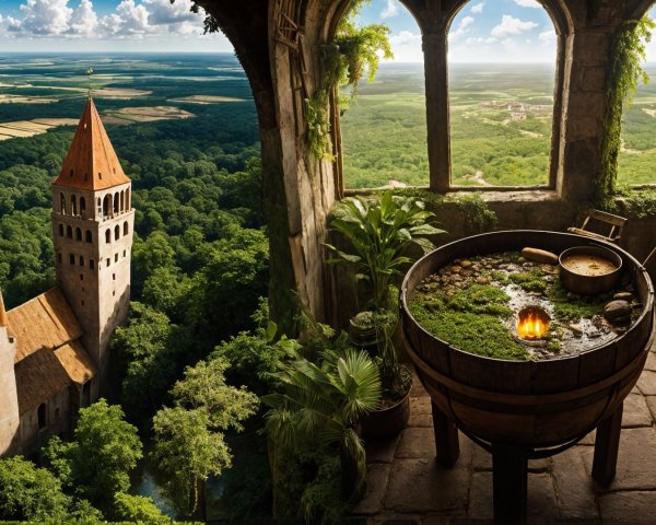 Medieval Interior with Stone Window and Castle View