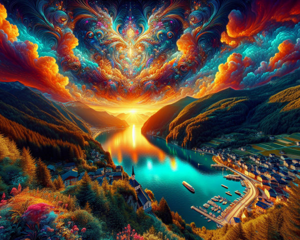 Vibrant Sunset Over Serene Lake and Lush Mountains