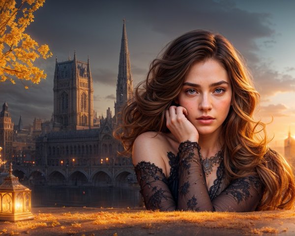 Young woman in black lace dress at sunset backdrop