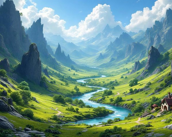 Panoramic Landscape of River and Mountains in Valley