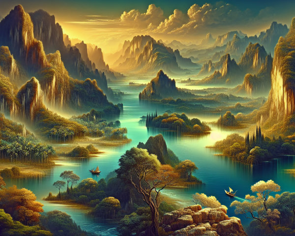 Misty Mountains and Tranquil River at Sunset