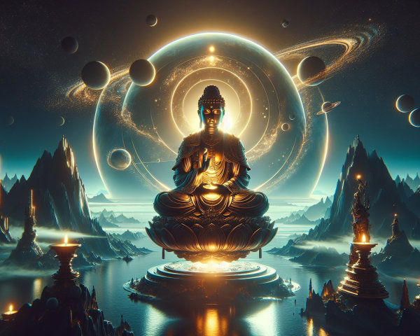 Golden Buddha Statue on Lotus in Celestial Landscape