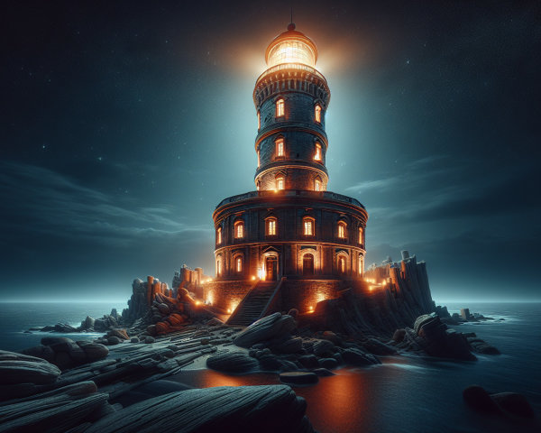 Majestic lighthouse on rocky shores at night