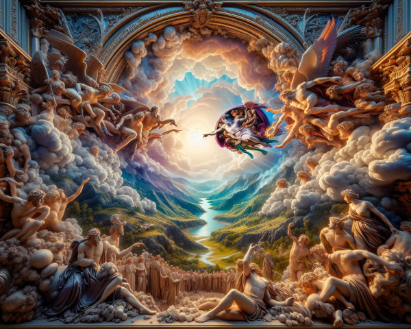 Dreamlike Scene with Ethereal Figures and Clouds