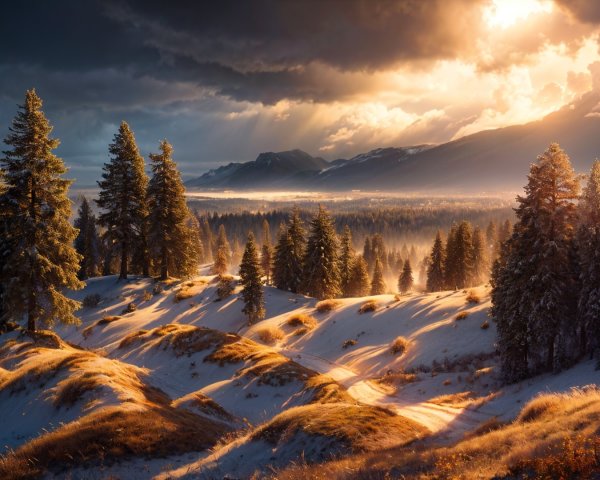 Winter Landscape with Snowy Hills and Evergreens