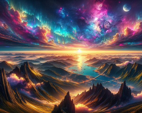 Vibrant Fantasy Landscape with Majestic Mountains and Water