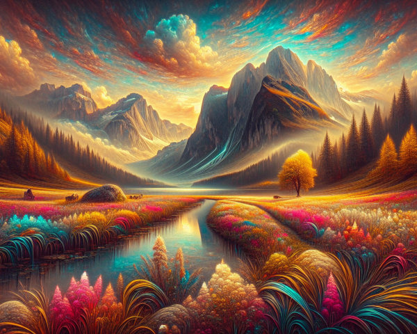Vibrant Landscape with Mountains and Reflective River