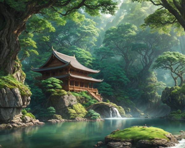 Traditional Pagoda in Serene Natural Landscape