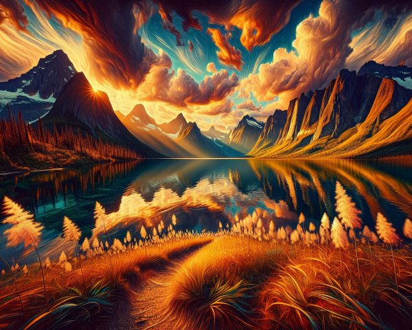 Tranquil Lake and Sunset Over Majestic Mountains