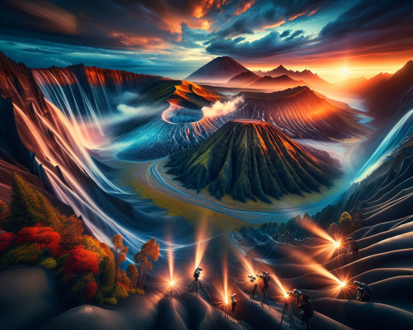 Vibrant Mountain Landscape at Sunset with Fog