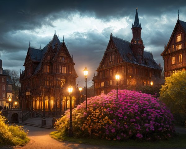 Gothic Architecture with Warm Lighting and Flower Beds