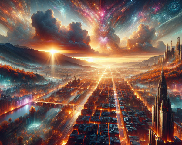 Vibrant City Skyline at Sunset with Mountains and Forests