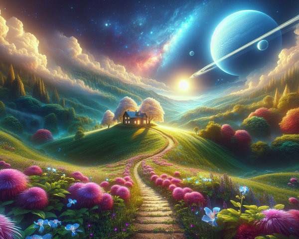 Dreamlike Landscape with Cosmic Elements and Nature
