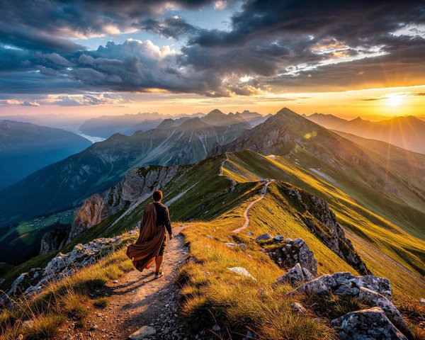 Lone Figure on Mountain Ridge at Sunrise or Sunset