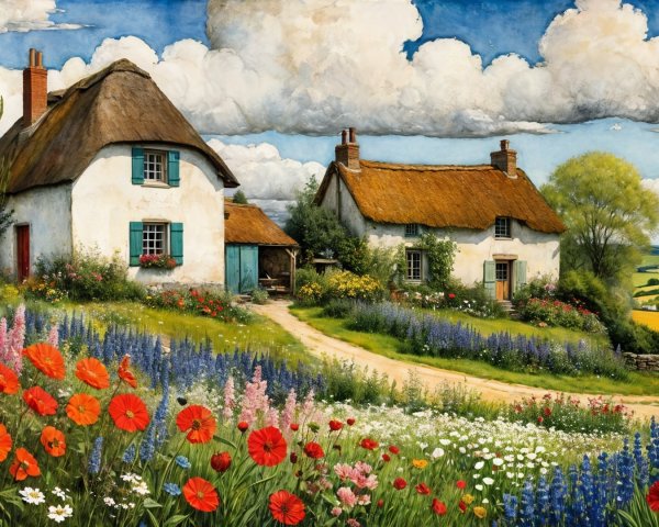 Charming Cottages Amidst Colorful Flower Fields