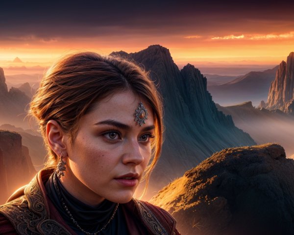Sunset Landscape with a Thoughtful Young Woman